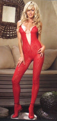 Rose Lace Deep V Bodystocking with Rhinestone Heart Link